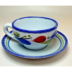 Henriot Quimper France Dejeuners Large Breakfast Cup & Saucer Blue Floral Leaf